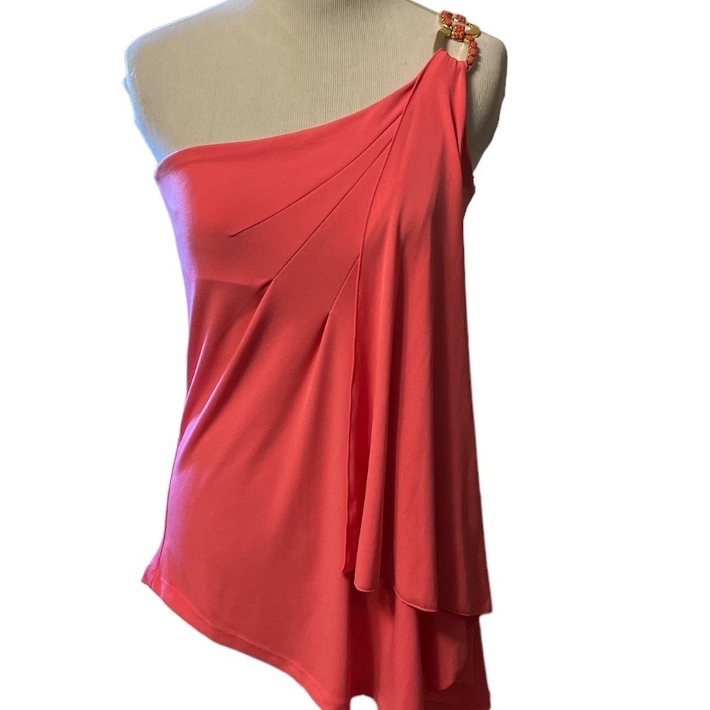 Cache brand, one shoulder, stretchy peach top with jeweled decoration